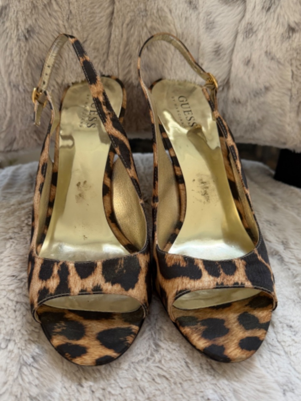 Guess TRENDINGLeopard Print Slingback Heels Size 8 Peep Toe 3” Heel Animal Print